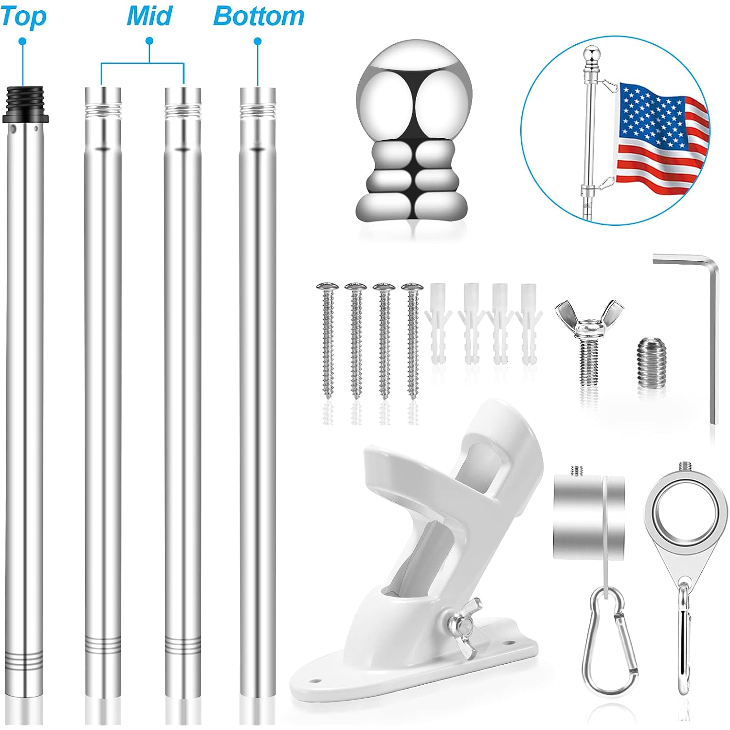 5 Ft Flag Pole For Outside House, 1" Stainless Steel Flag Pole Kit With 2-Position Flagpole Holder Bracket & 360° Spinning Metal Flag Ring Clips, Outdoor Porch Wall Mounted For 3X5 Flag (5 Ft, Silver)