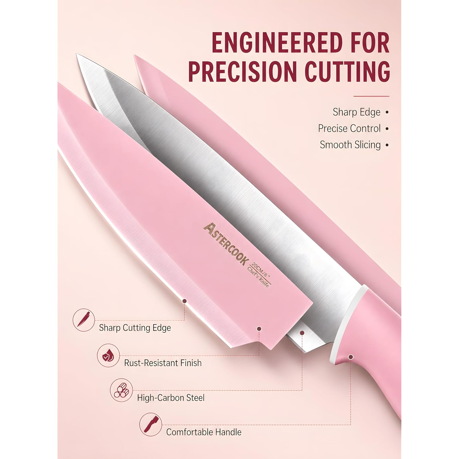 Astercook Knife Set with Block and Sharpener, 22 Piece Kitchen Knife Set Dishwasher Safe, Space-Saving Clear Knife Block with Knives for Everyday Home Cooking Pink