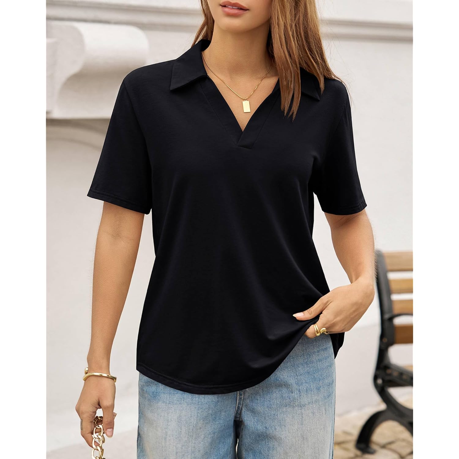 Womens Polo Shirts Short Sleeve V Neck Business Casual Collared Tops Summer Dressy Blouses