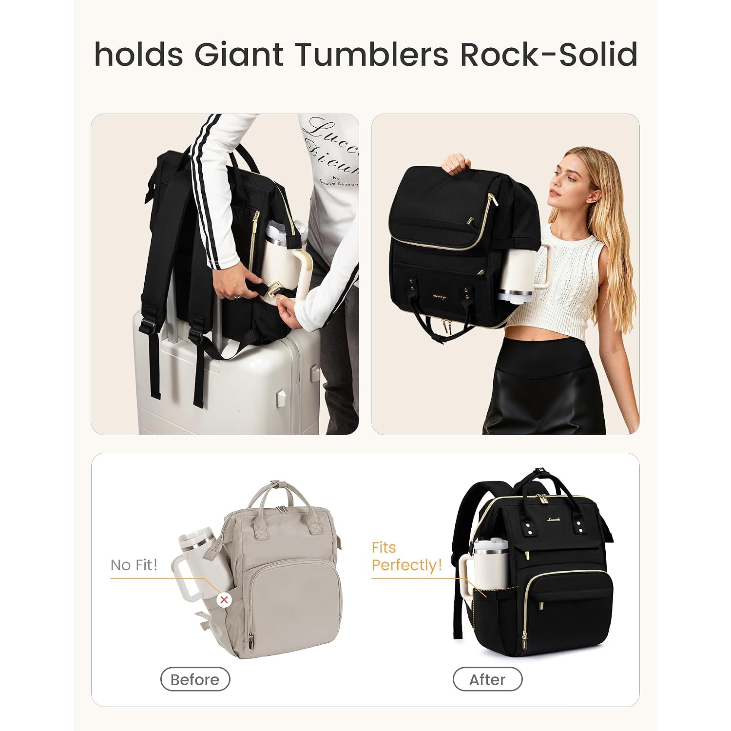 Lovevook Laptop Backpack For Women With Giant Tumbler Holder Pocket,15.6 Inch Waterproof Travel Backpack Purse Computer Laptop Bag,Professional Work College Nurse Teacher Backpack Casual Daypack,Black