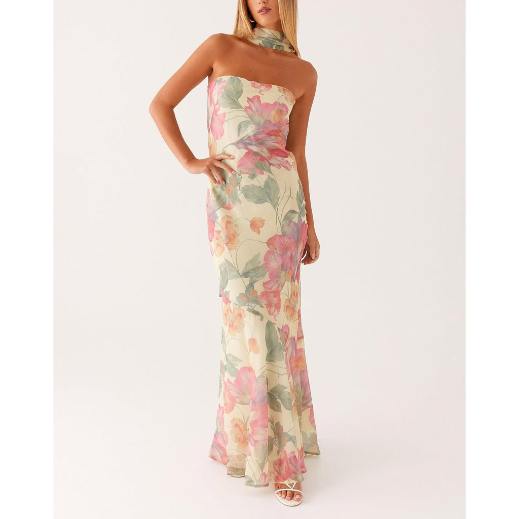 Women Strapless Floral Dress With Sarf Mesh Tube Maxi Dress Summer Cocktail Wedding Guest