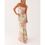 Women Strapless Floral Dress With Sarf Mesh Tube Maxi Dress Summer Cocktail Wedding Guest