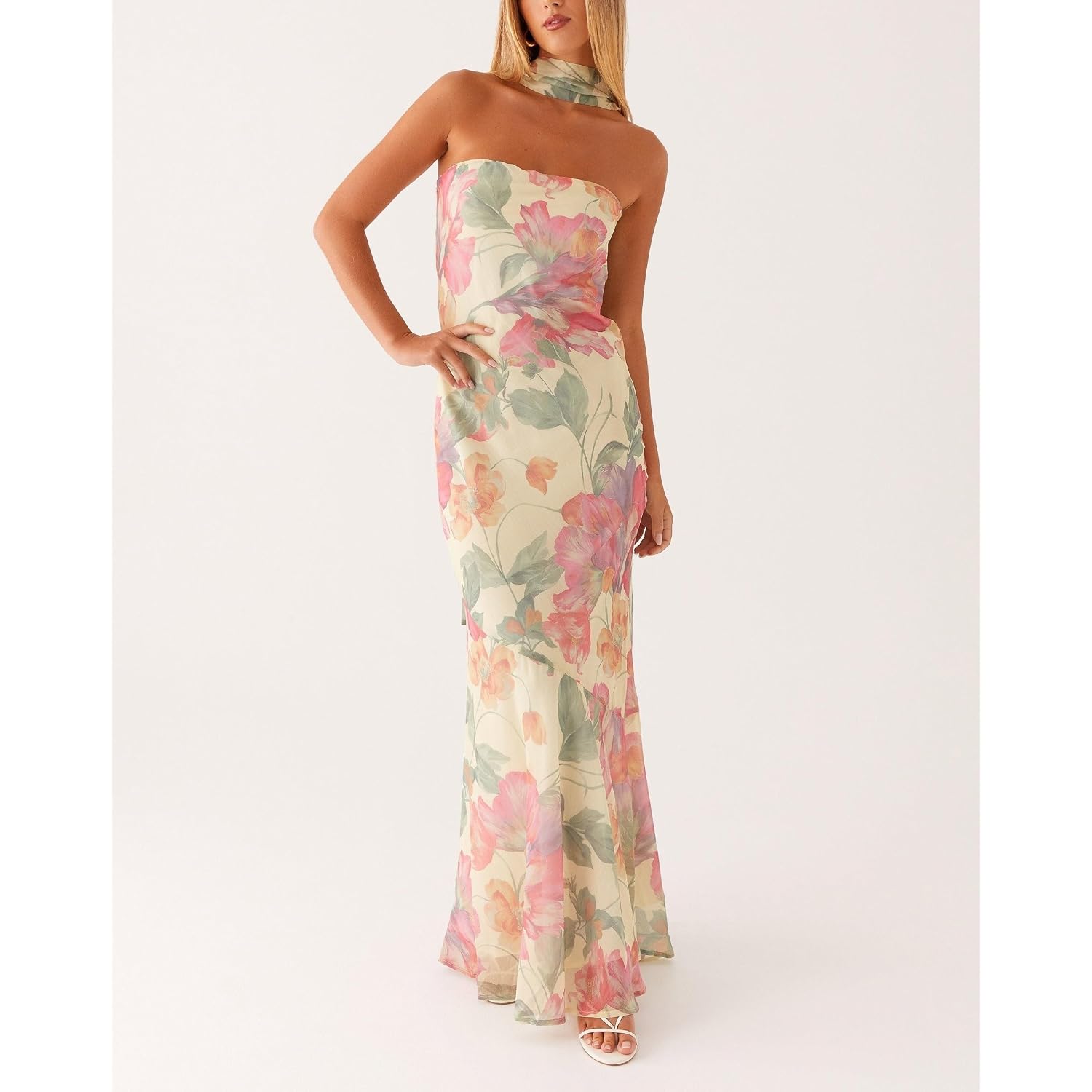 Women Strapless Floral Dress With Sarf Mesh Tube Maxi Dress Summer Cocktail Wedding Guest