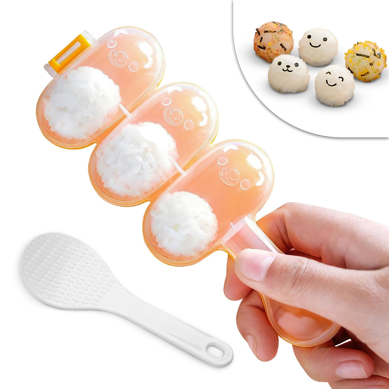 Rice Ball Mold, Shake To Make 3 Bite-Size Balls In Seconds | Rice Ball Maker Mold; Makes 3 Bite-Size Portions; Easy Release; For Bento, Temari Sushi & Yaki-Onigiri; With Scoop
