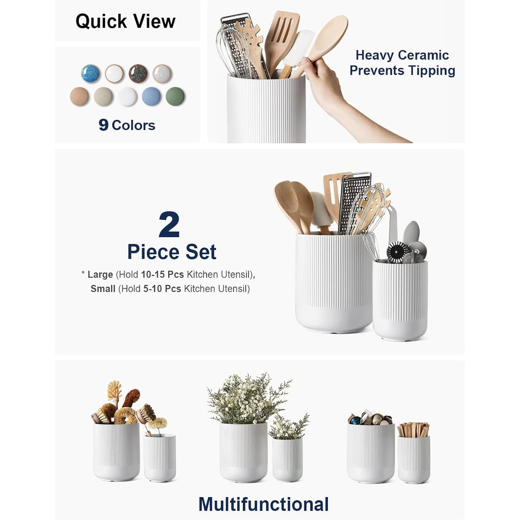 Le Tauci Utensil Holder For Kitchen Counter, 7.3"+5.4" Fluted Ceramic Utensil Crock Organizer For Countertop, Heavy Large Holder For Spatulas, Spoons, Set Of 2, White, Kitchen Counter Decor