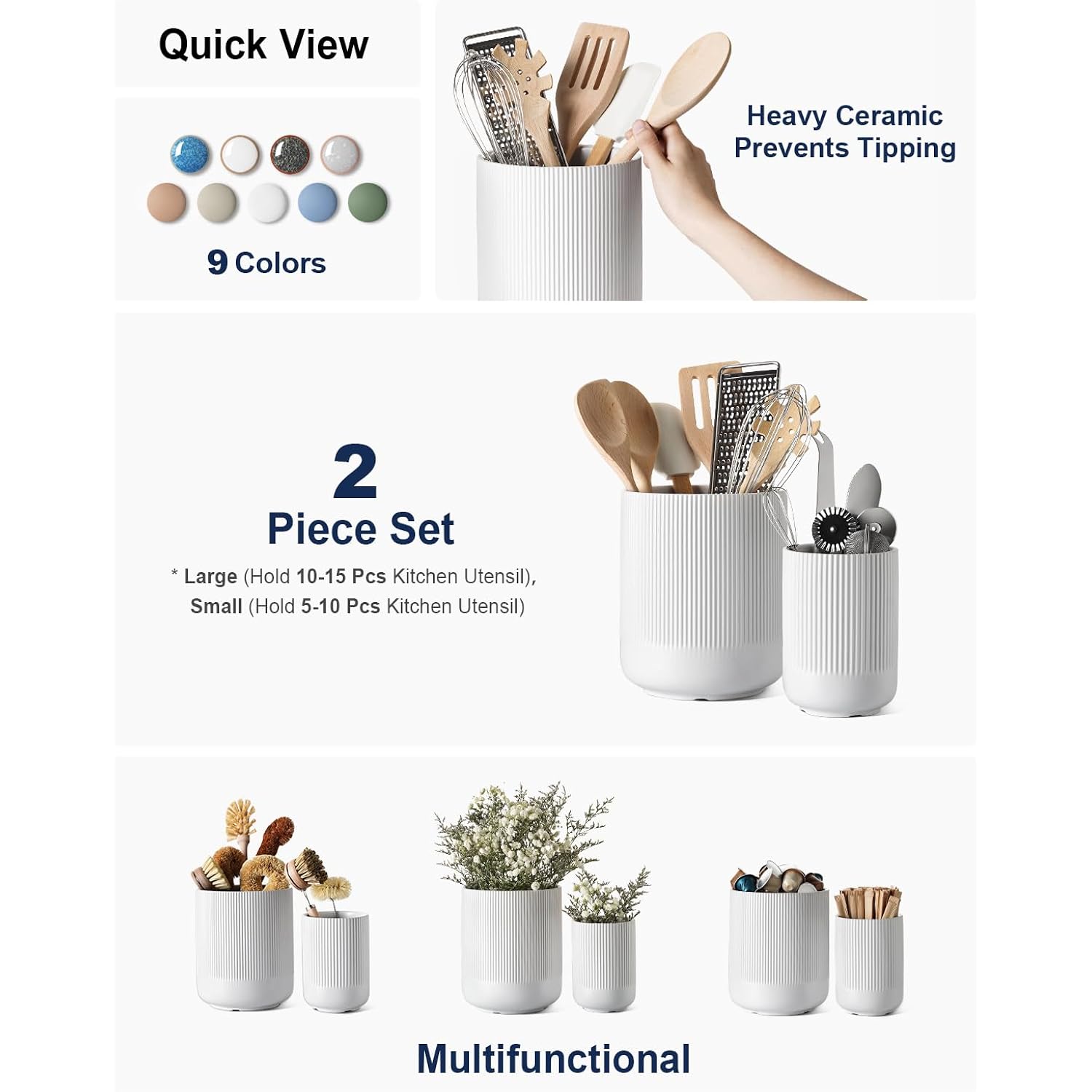 Le Tauci Utensil Holder For Kitchen Counter, 7.3"+5.4" Fluted Ceramic Utensil Crock Organizer For Countertop, Heavy Large Holder For Spatulas, Spoons, Set Of 2, White, Kitchen Counter Decor