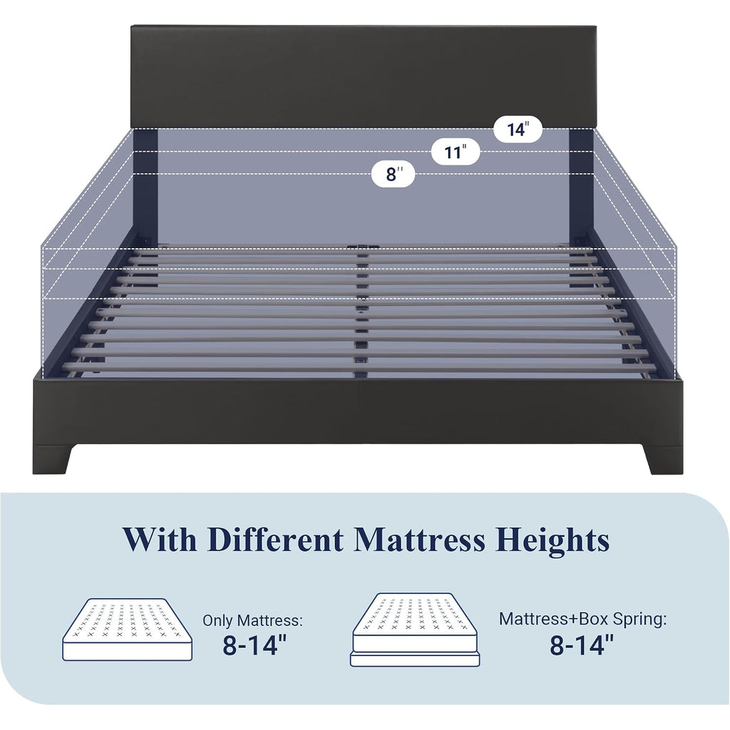 Allewie Queen Size Faux Leather Bed Frame, Adjustable Headboard, Black