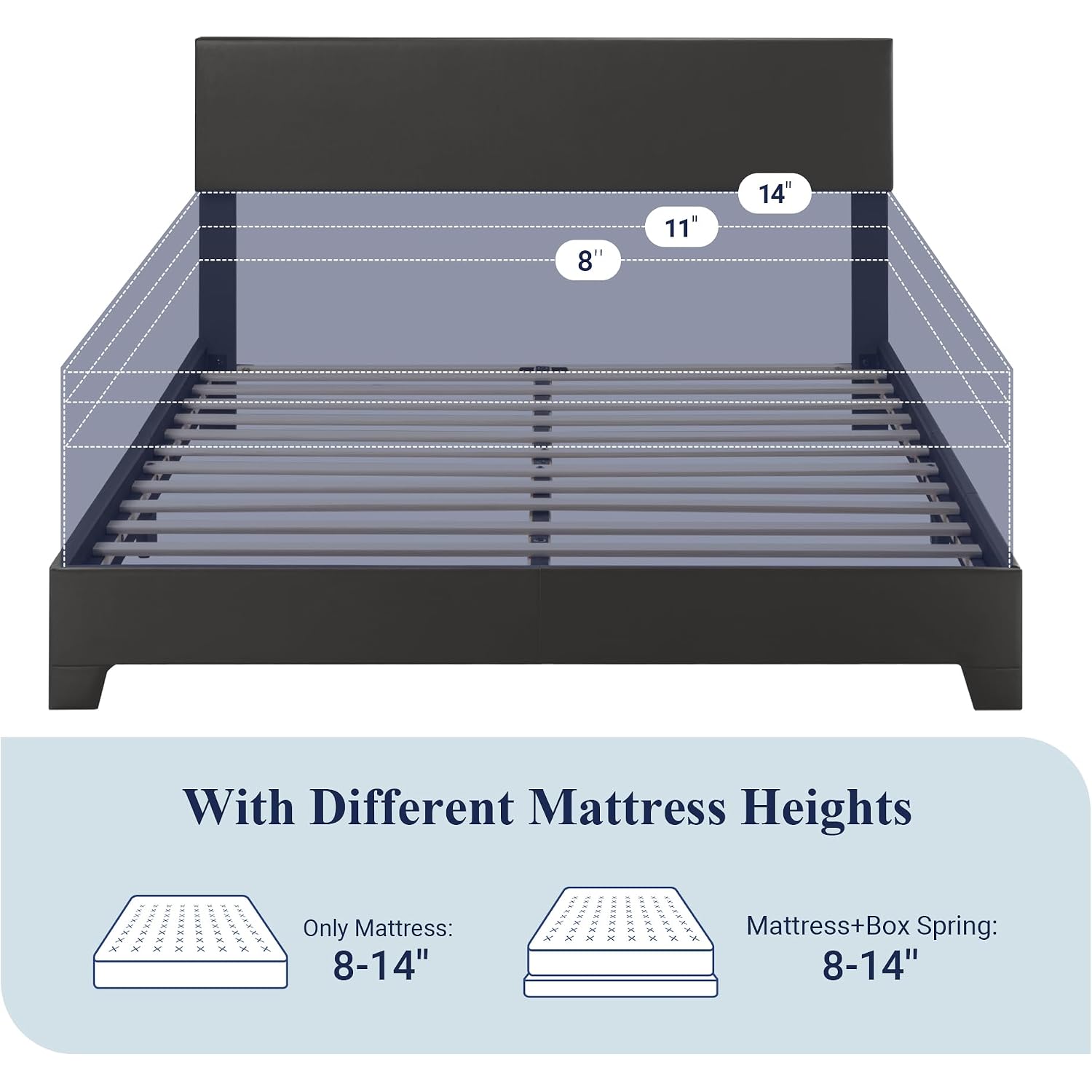 Allewie Queen Size Faux Leather Bed Frame, Adjustable Headboard, Black