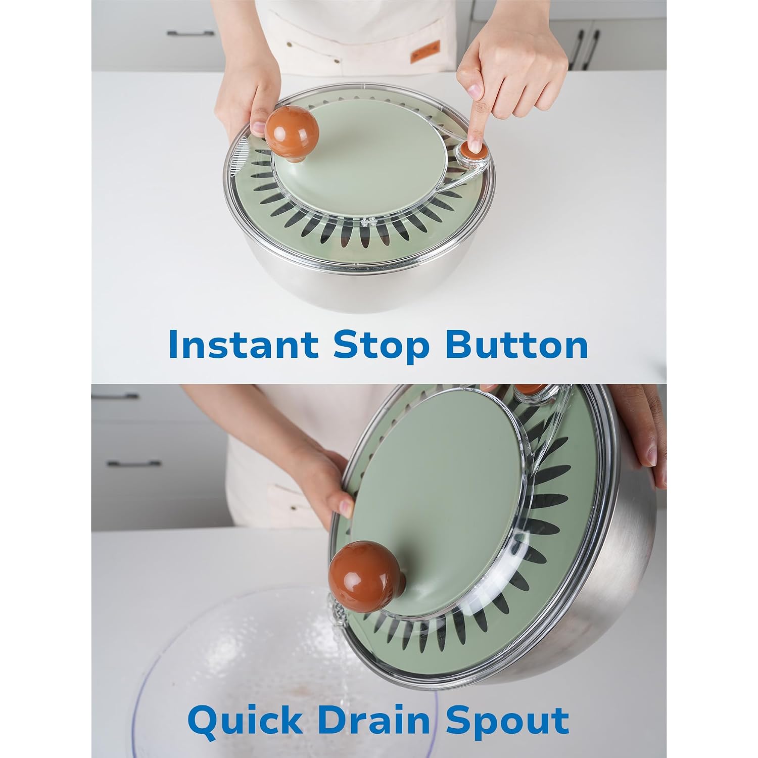 Stainless Steel Salad Spinner, Lettuce Spinner With Drain, Non-Slip Base, Stop Button, Vegetable Dryer, Bpa Free, 5.3 Qt
