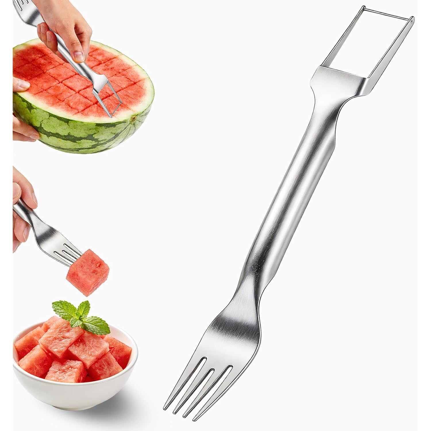 Watermelon Fork Slicer Cutter, 2-In-1 Stainless Steel Watermelon Slicer & Fruit Fork, Summer Kitchen Gadget For Bbq Parties, Camping & Rv Adventures