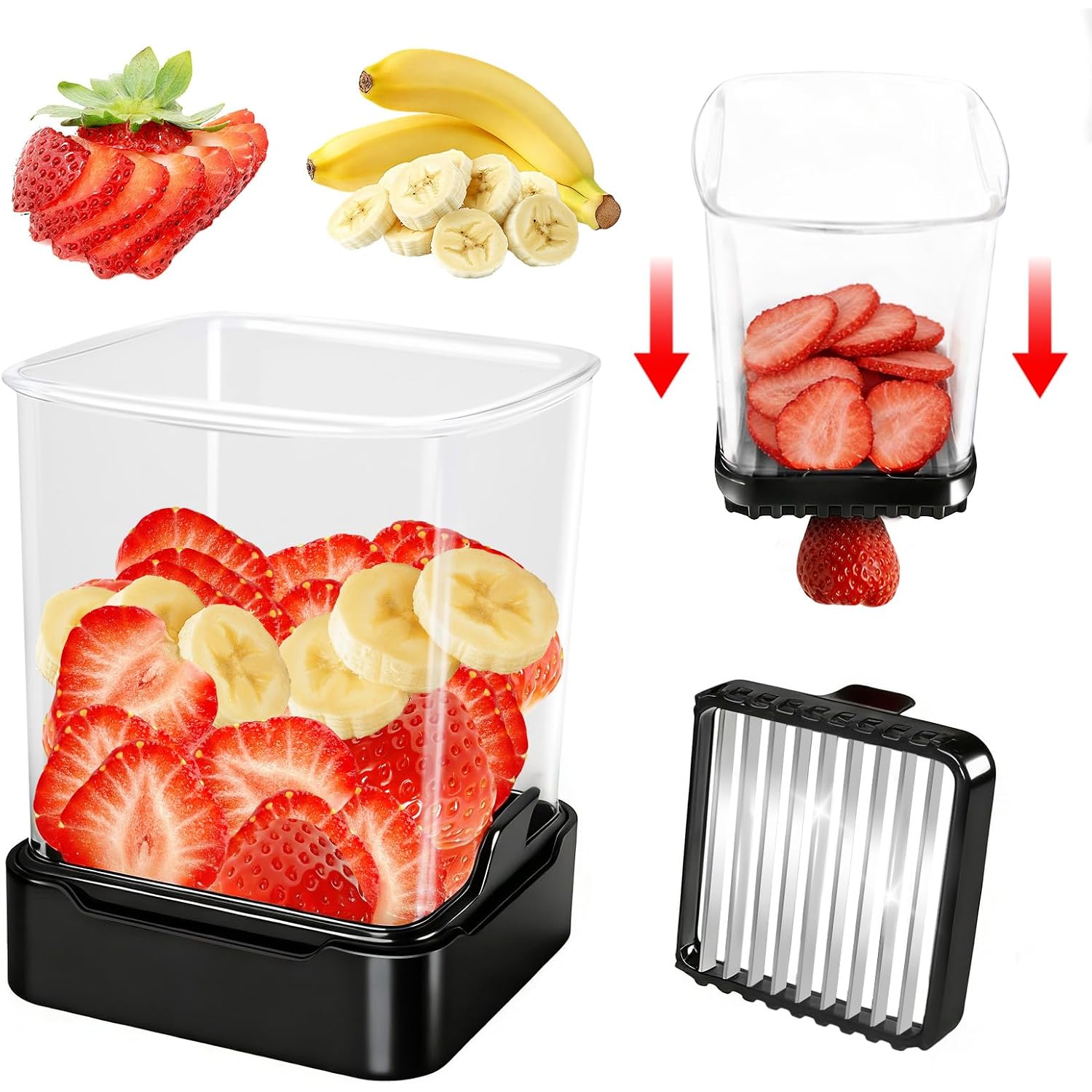 Fruit Slicer Cup For Strawberry, Banana, Hard-Boiled Egg - Detachable Cutter With Push Plate - 304 Stainless Steel Blade - Rapid & Safe Slicing Kitchen Gadget For Quick Meal Prep (Black)