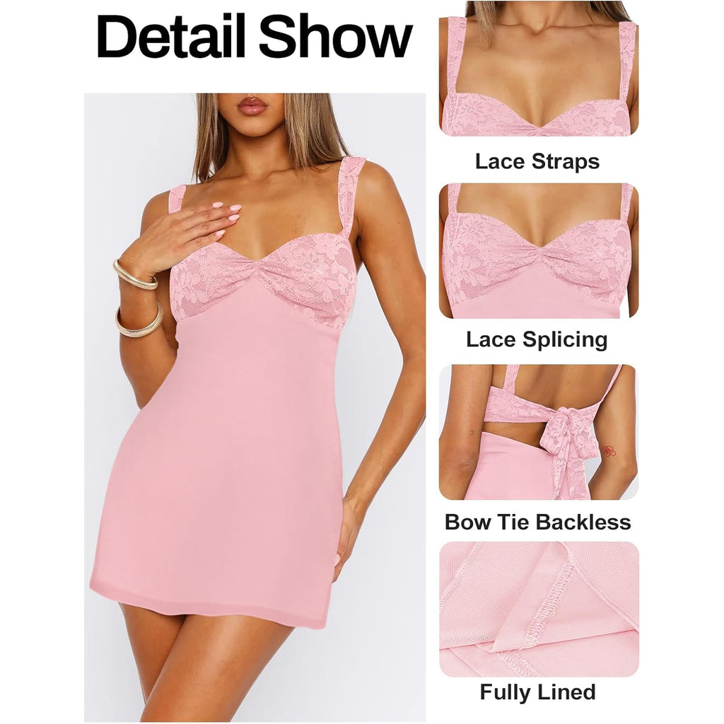 Women'S Summer Mini Dresses Sleeveless Sexy Square Neck Lace Splicing Cocktail Party Straps Bodycon Dress