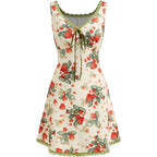 Cider Women'S Floral Mini Dress Fruit Sleeveless V Neck Lace Trim Sun Dress A Line Cute Summer Dresses Beach Vacation Outfits