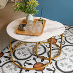 Aboxoo Coffee Table Nesting White Set Of 2 Side Set Golden Frame Circular Round And Marble Pattern Wooden Tables, Living Room Bedroom Apartment Modern Industrial Simple Nightstand