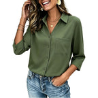 Zeagoo Button Down Shirts For Women 3/4 Length Sleeve Work Tops V Neck Shirts Dressy Casual Business Blouses With Pocket