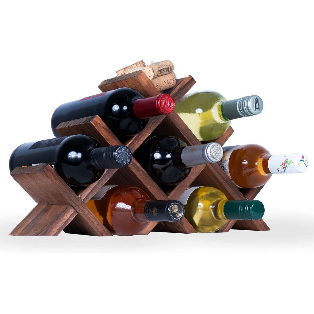 Alella Countertop Wood Wine Rack For 8 Bottles Holder And Cork Storage Tabletop Butterfly Sleek Design Freestanding Organizer - Home, Kitchen, Dining Room Bar Décor - Walnut