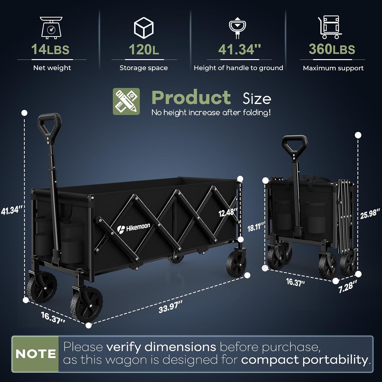 34'' Extra Long Folding Portable Wagon Cart, 120L 360Lbs Black | Wagons Carts Foldable, Heavy Duty, Collapsible Compact Storage, Utility For Shopping/Grocery/Garden/Camping/Sports