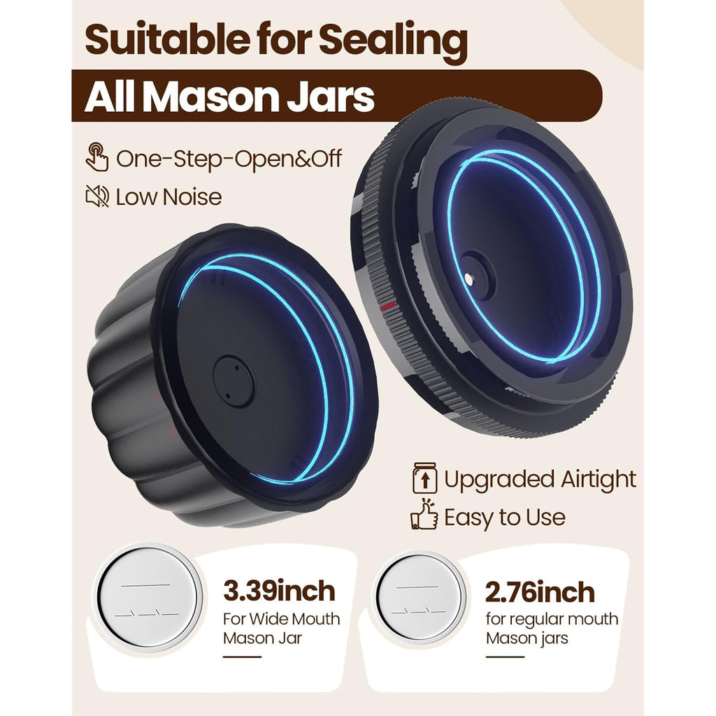 2026 Upgraded Electric Mason Jar Vacuum Sealer Kit with Wide and Regular Mouth Mason Lids -80kpa Automatic Vacuum Pump 2500mAh Battery One Touch Canning Sealing Machine for Food Storage Black