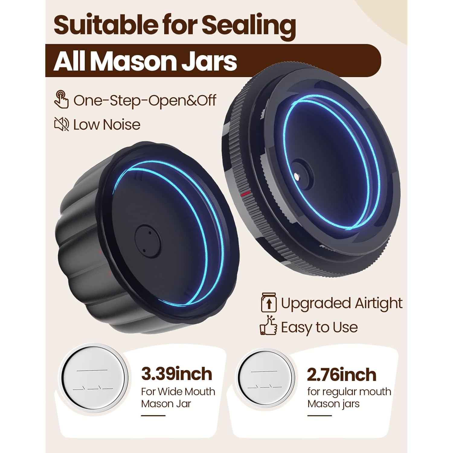 2026 Upgraded Electric Mason Jar Vacuum Sealer Kit with Wide and Regular Mouth Mason Lids -80kpa Automatic Vacuum Pump 2500mAh Battery One Touch Canning Sealing Machine for Food Storage Black