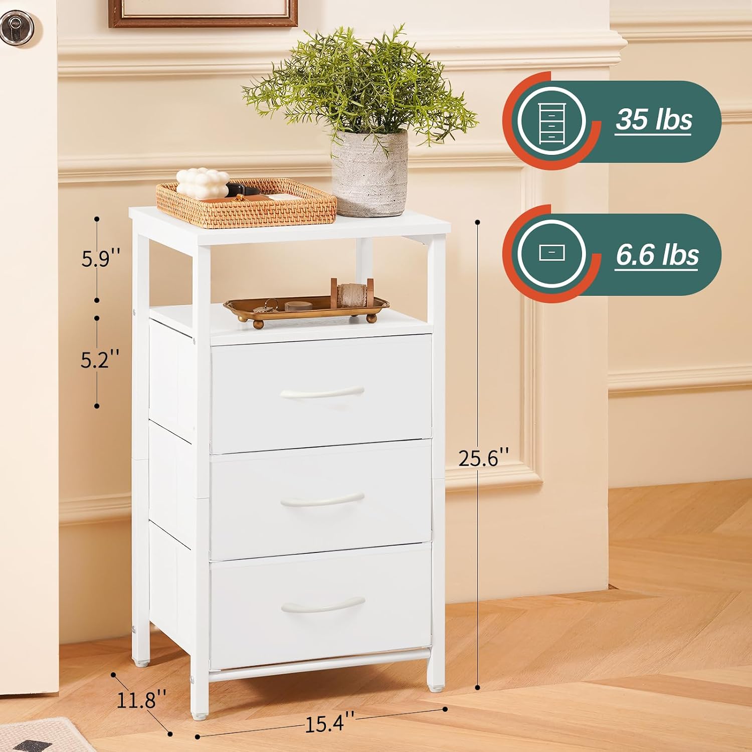 Yoobure Night Stand With Charging Station, 16 Colors Led Nightstand With Usb Ports And Outlets, End Table With 3 Fabric Drawers And Storage Shelf, Bedside Tables Small Dresser For Small Space White