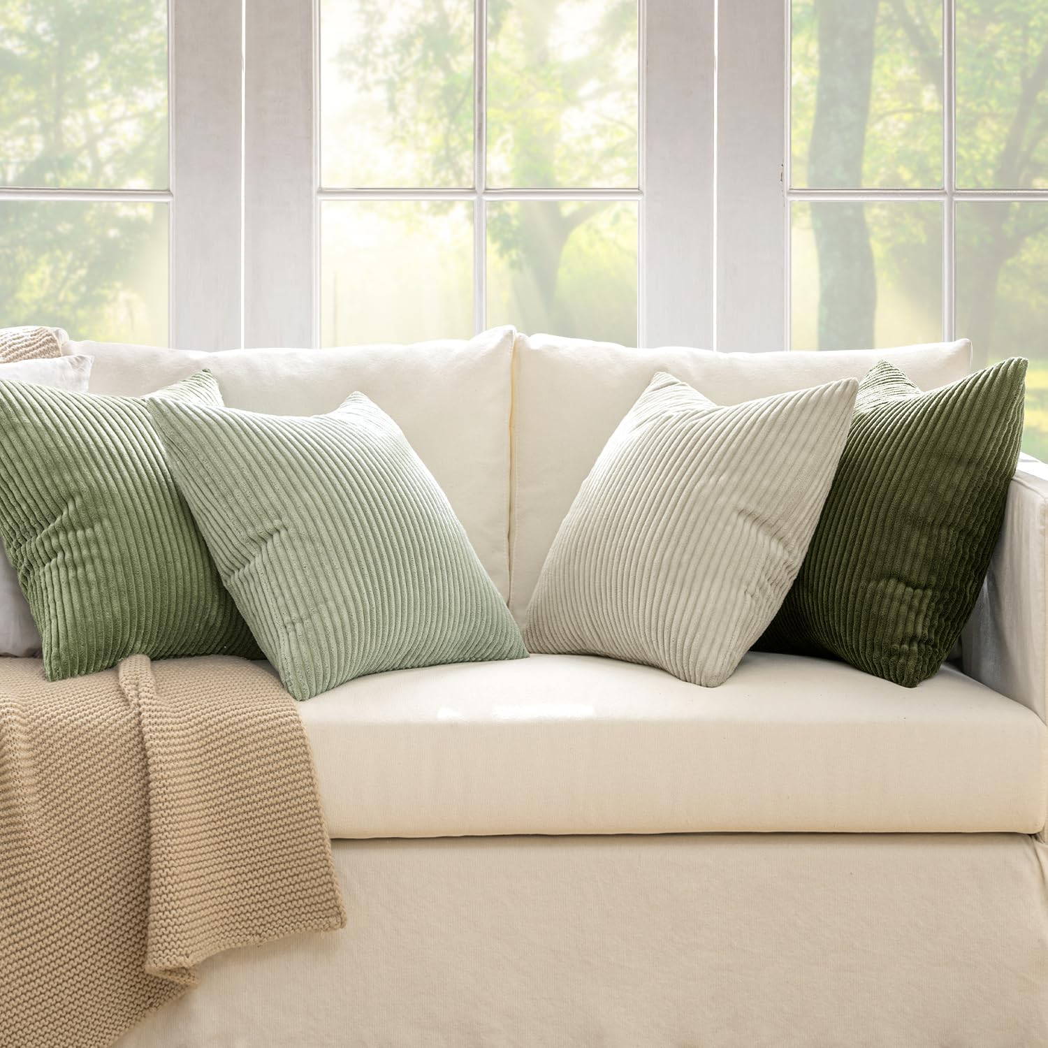 Miulee Decorative Throw Pillow Covers Set Of 4 Summer Light Green Gradient Natural Earthy Modern Classic Soft Corduroy Cushion Covers For Sofa Couch Bed Living Room Spring Home Decor 18X18 Inch