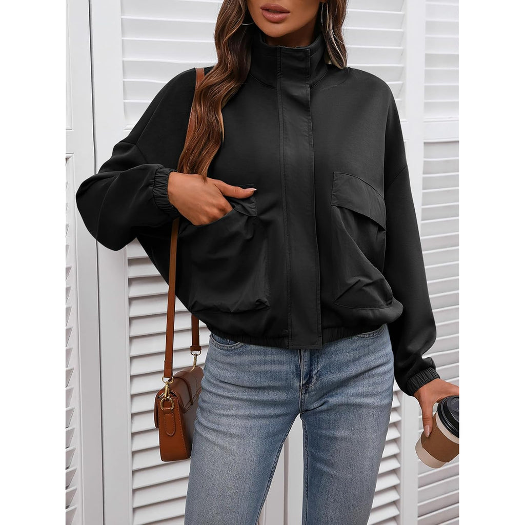 Women'S Cropped Oversized Safari Jackets Zip Up Stand Collar Neck Long Sleeve Utility Anorak Jacket With Pocket