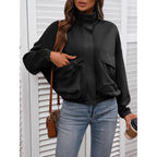 Women'S Cropped Oversized Safari Jackets Zip Up Stand Collar Neck Long Sleeve Utility Anorak Jacket With Pocket