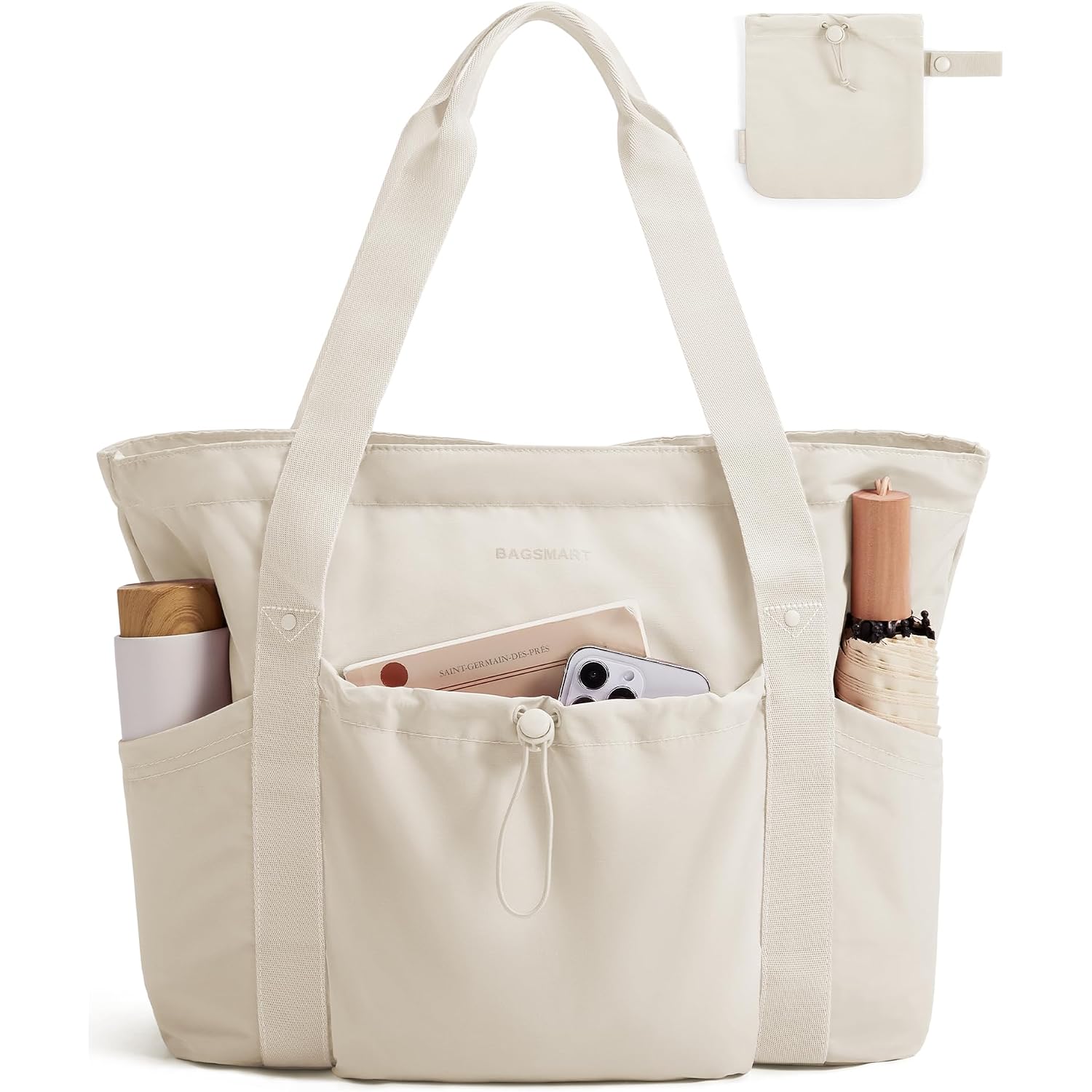 Bagsmart Foldable Tote Bag With Drawstring Bag, Tote Bag Shoulder Bag Top Handle Handbag For Travel, Work, Beach, Gym