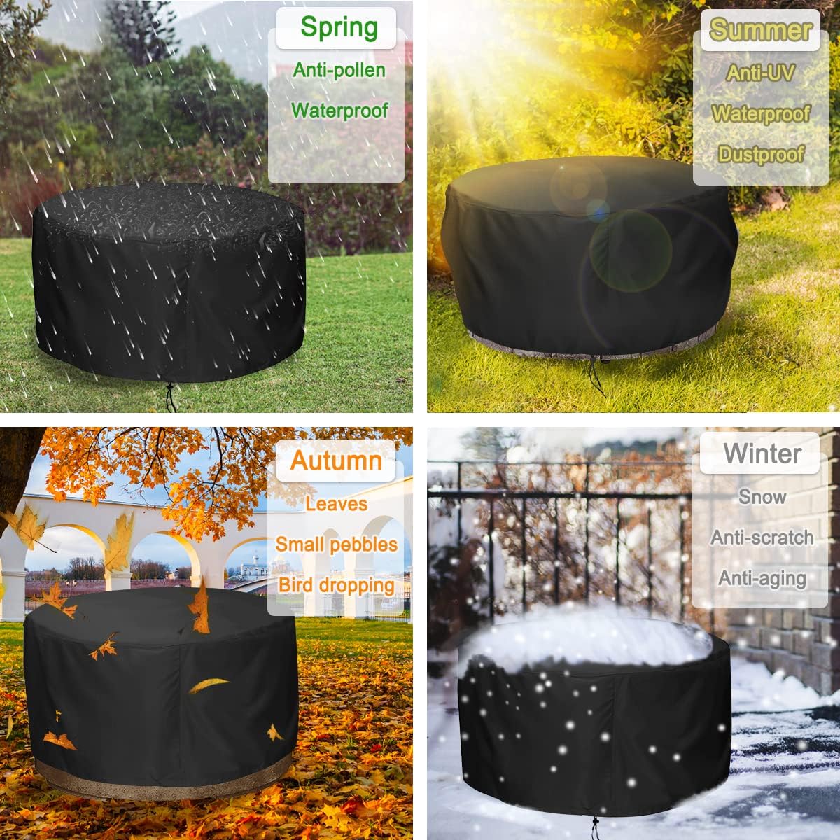 Lbting Fire Pit Cover, 48 Inch Cover For 45-48 Inch Round Firepit, Waterproof Windproof Dustproof Uv-Resistant Heavy Duty Cover For Outdoor Patio Firepit Table - Black