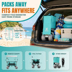 Beach Wagon With Big Balloon Wheels For Sand, 200L Extra Large Beach Cart With Canopy, 440Lbs Heavy Duty Folding Wagon Collapsible With 9" Tires & Side Pocket For Beach, Outdoor, Light Blue