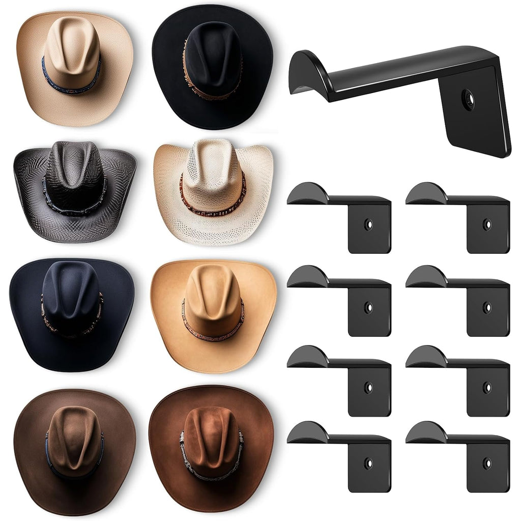 2.8 Inch Hat Hooks For Wall - (8 Pack) Cowboy Hat Rack, Strong Adhesive Cap Holder, Organizer For Baseball Caps, Western Room Decor - Black