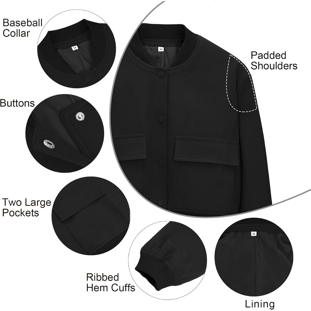Zando Bomber Jacket Women 2026 - Short Cropped Jacket Women Button Down Long Sleeve Casual Varsity Jackets With Pockets
