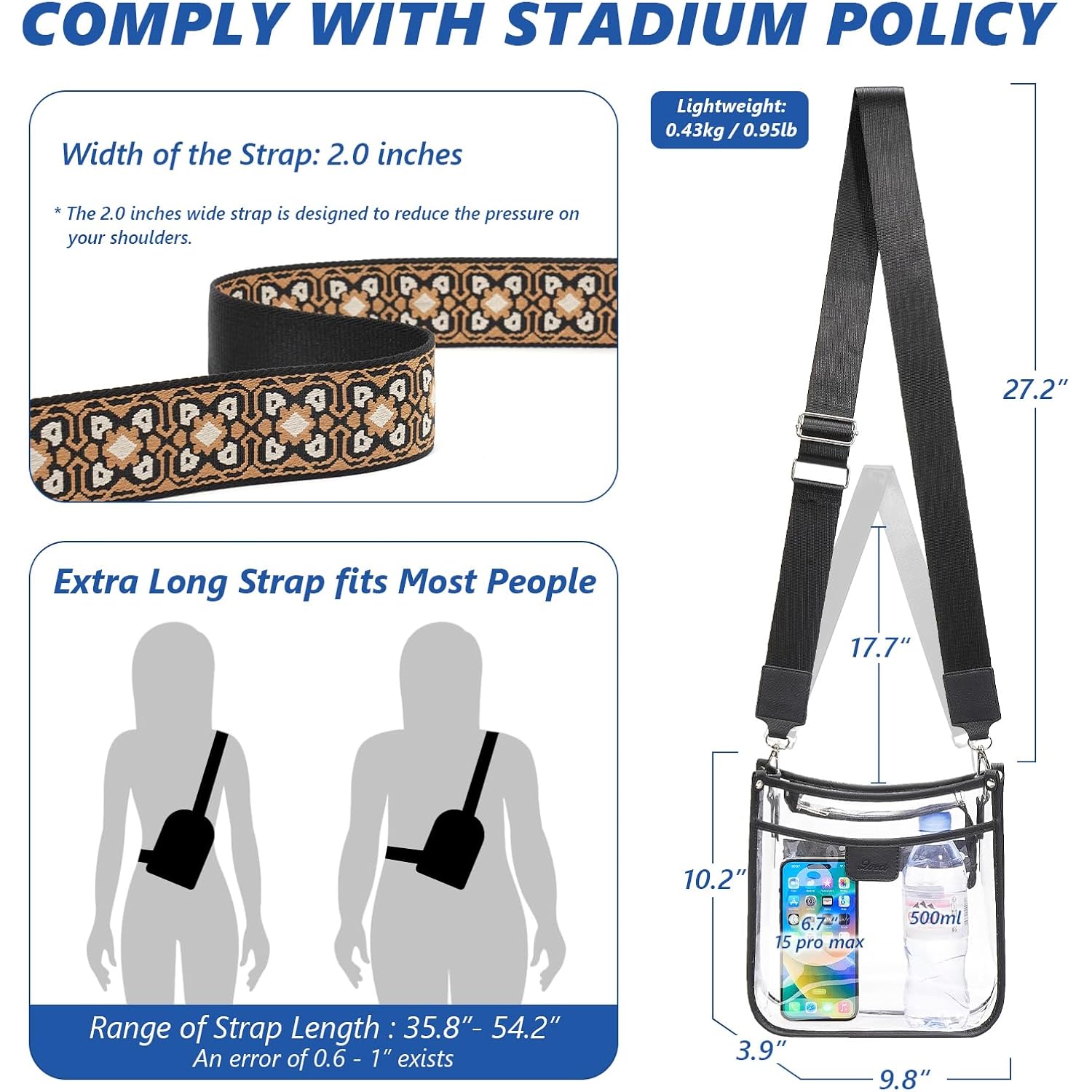 3 Pockets Large Clear Bag For Stadium Events With 2 Long Straps Purse For Women Crossbody Bag Concert Stadium Approved