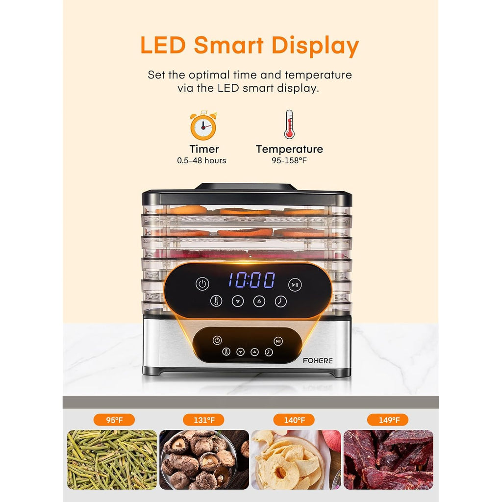 Fohere Food Dehydrator, 5 Bpa-Free Tray Dehydrators For Food And Jerky, Fruit, Herbs, Meat, Dog Treats, 48H Timer And 95-158°F Temperature Control, 400W Dehydrator Machine, 11.42" Stackable Trays