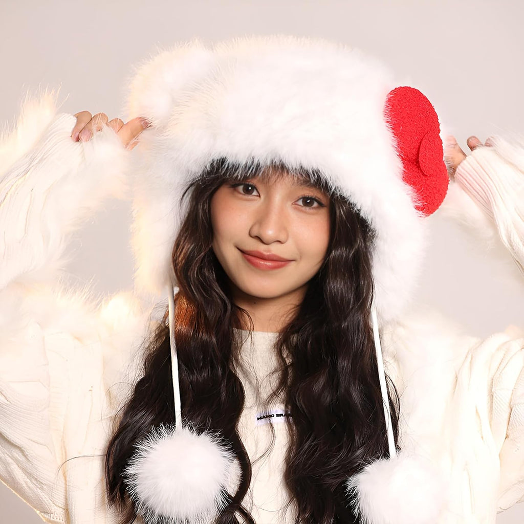 Winter Warm Faux Fur Trapper Hat for Women Cute Furry Cat Ear Hats Thick Plush Cozy Animal Hat with Pom Pom & Ear Cover