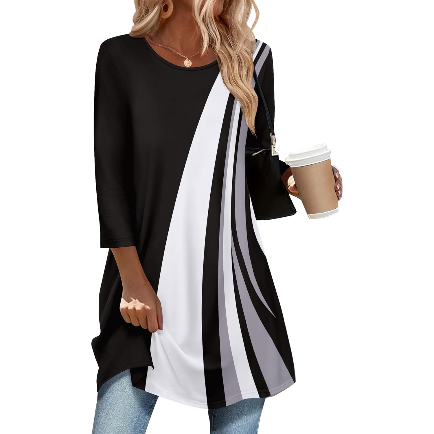 Women Tops 3/4 Sleeve Dressy Casual Plus Size Tunics to Wear with Leggings Swing Flare T-Shirt Loose Blouses