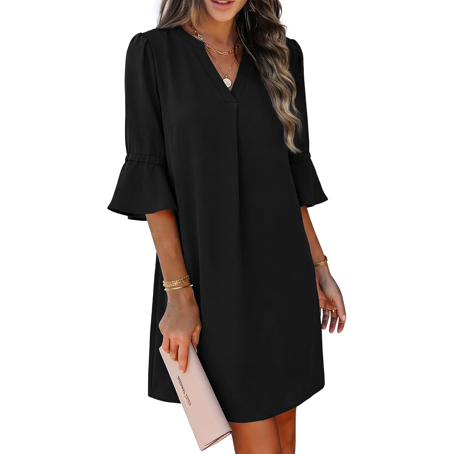 Rumia Shift Dress For Women V Neck Ruffle Sleeve Summer Dress | 100% Polyester, Loose Fit With Pockets, V-Neck And Ruffle Sleeves For Summer Outings And Travel