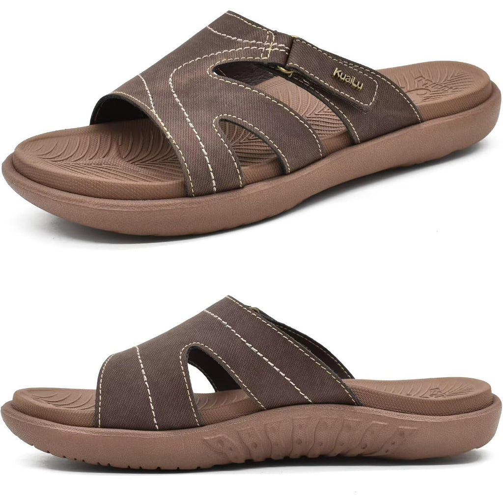 Kuailu Womens Fashion Orthotic Slides Ladies Athletic Yoga Mat Memory Foam Walking Sandals Thick Cushion Recovery Summer Beach Slippers Comfortable Plantar Fasciitis Arch Support