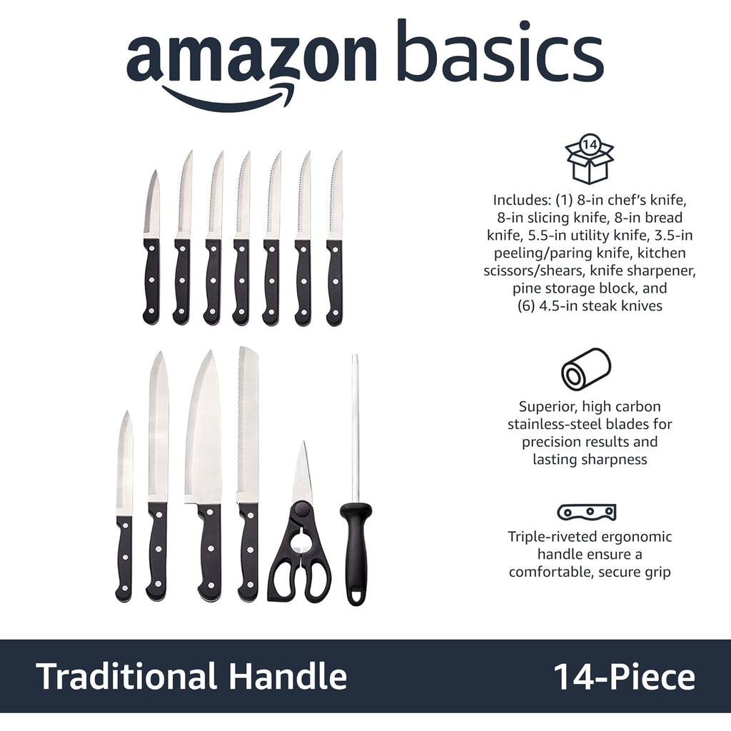 Amazon Basics 14-Piece High Carbon Stainless Steel Kitchen Knife Set with Full Tang Construction, Ergonomic Handles, Sharpener and Pinewood Block, Black