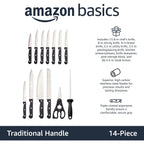 Amazon Basics 14-Piece High Carbon Stainless Steel Kitchen Knife Set with Full Tang Construction, Ergonomic Handles, Sharpener and Pinewood Block, Black