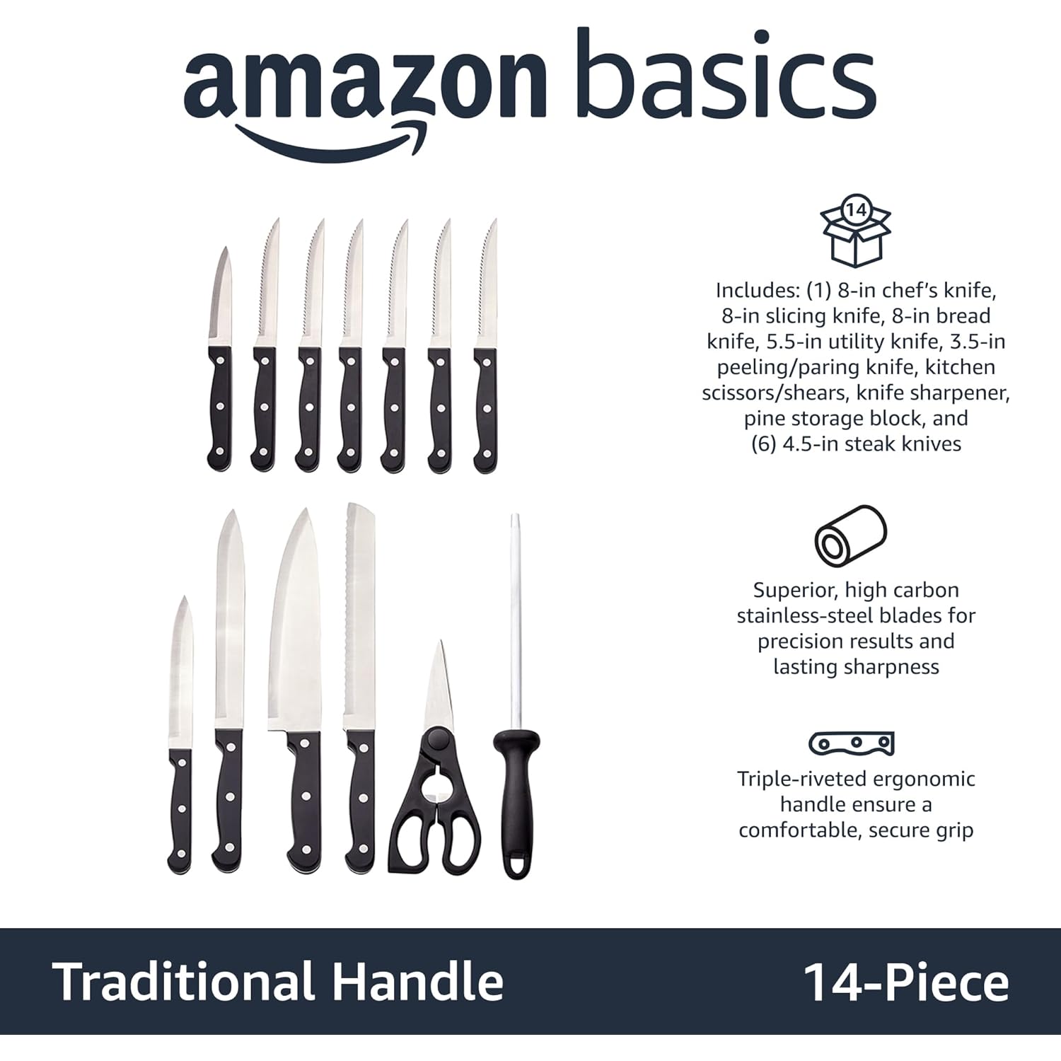 Amazon Basics 14-Piece High Carbon Stainless Steel Kitchen Knife Set with Full Tang Construction, Ergonomic Handles, Sharpener and Pinewood Block, Black