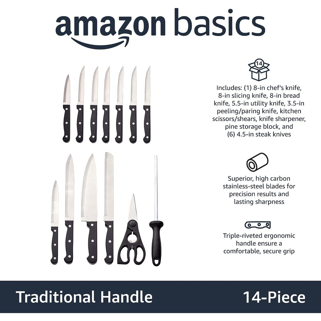 Amazon Basics 14-Piece High Carbon Stainless Steel Kitchen Knife Set With Full Tang Construction, Ergonomic Handles, Sharpener And Pinewood Block, Black