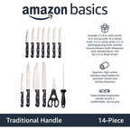 Amazon Basics 14-Piece High Carbon Stainless Steel Kitchen Knife Set With Full Tang Construction, Ergonomic Handles, Sharpener And Pinewood Block, Black
