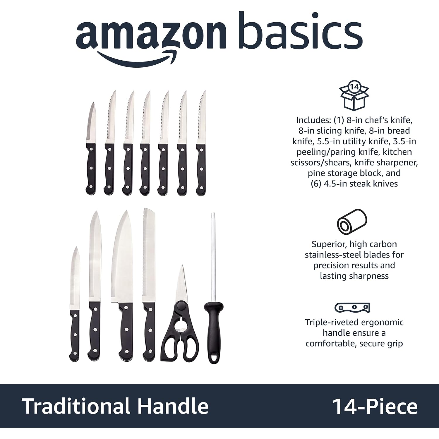 Amazon Basics 14-Piece High Carbon Stainless Steel Kitchen Knife Set With Full Tang Construction, Ergonomic Handles, Sharpener And Pinewood Block, Black