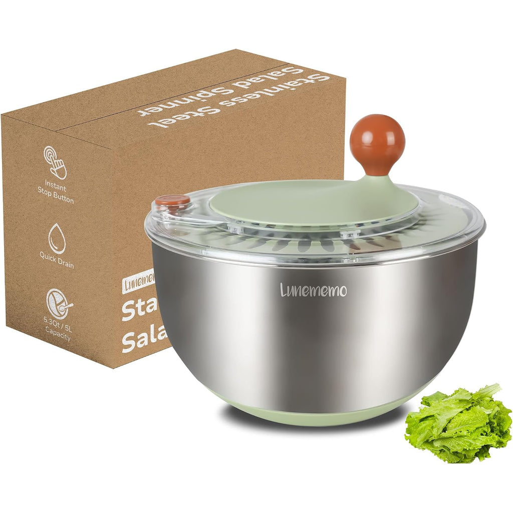 Stainless Steel Salad Spinner, Lettuce Spinner With Drain, Non-Slip Base, Stop Button, Vegetable Dryer, Bpa Free, 5.3 Qt