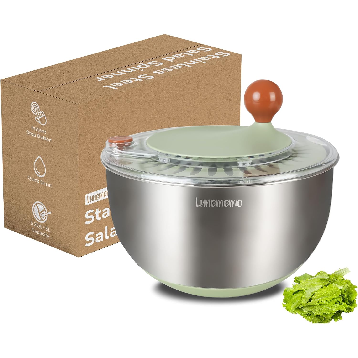 Stainless Steel Salad Spinner, Lettuce Spinner With Drain, Non-Slip Base, Stop Button, Vegetable Dryer, Bpa Free, 5.3 Qt
