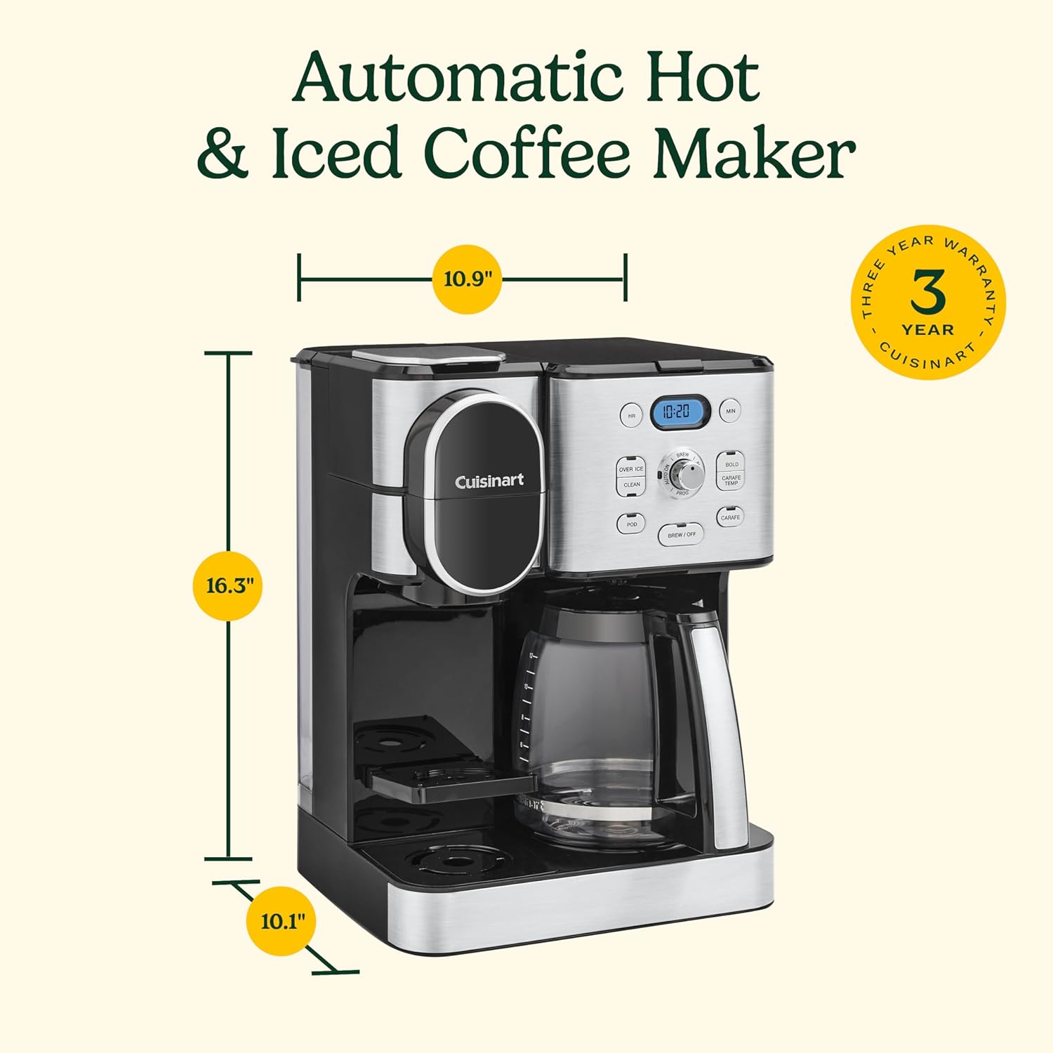 Cuisinart 12-Cup Coffee Maker, Single-Serve Brewer Glass Carafe, Automatic Hot & Iced Coffee Machine, Brew Strength Control and Pause, SS-16, Stainless Steel