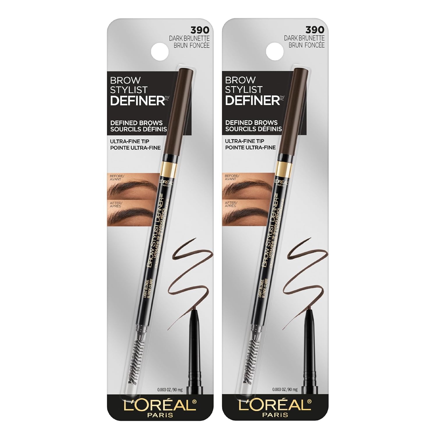 L'Oreal Paris Makeup Brow Stylist Definer Waterproof Eyebrow Pencil, Ultra-Fine Mechanical Pencil, Draws Tiny Brow Hairs and Fills in Sparse Areas and Gaps, Dark Brunette, 0.11 Ounce (Pack of 2)