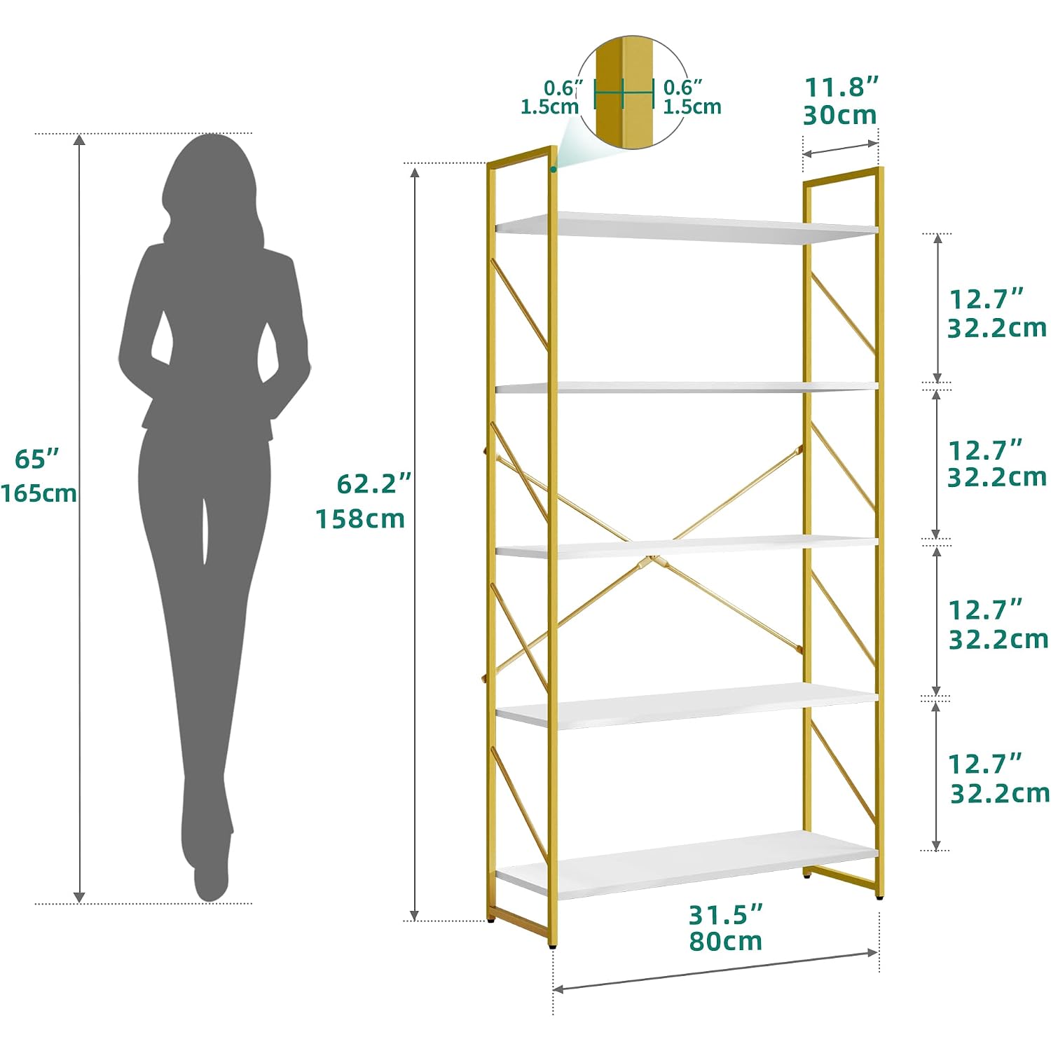 Yitahome 5 Tiers Gold Bookshelf | Modern Wide Bookcase, Large Book Rack, Storage Rack Shelves In Bedroom/Living Room/Home/Office, Books Holder Organizer