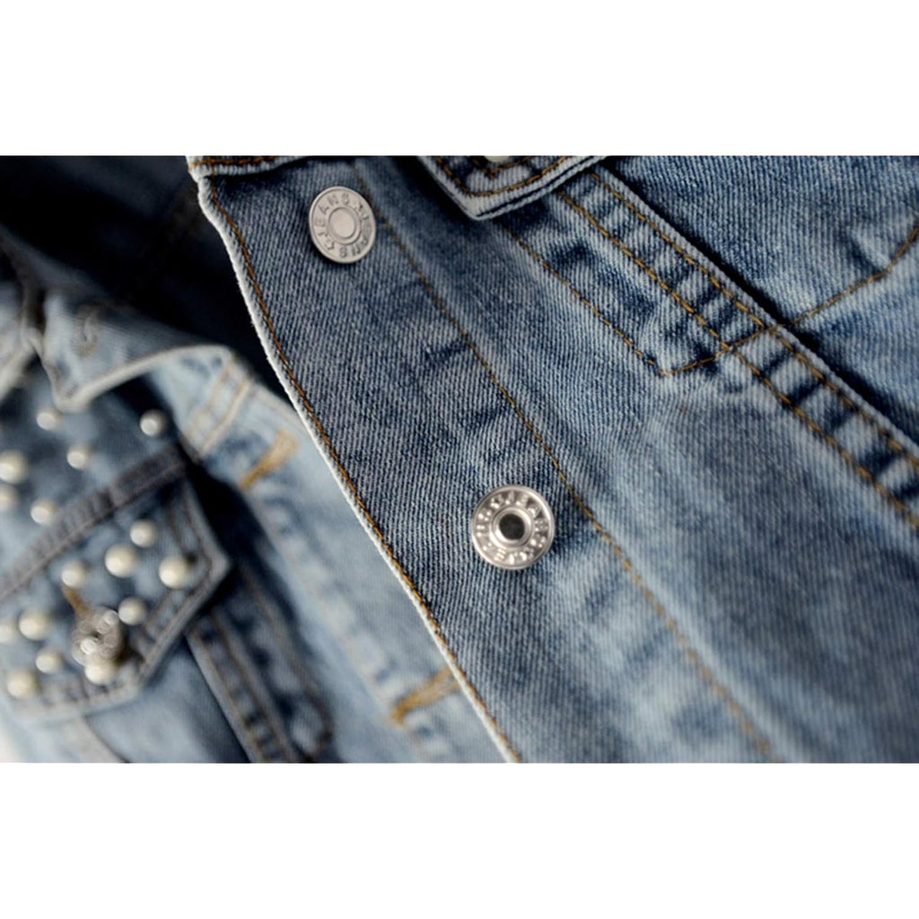 Women Oversized Denim Jacket Embroidered Pearls Beading Jeans Coat